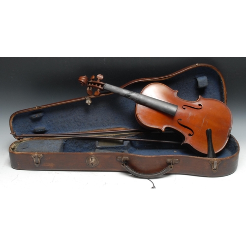 207 - A violin, the two-piece back 33cm excluding button, paper label printed Medio Fino, rosewood tuning ... 