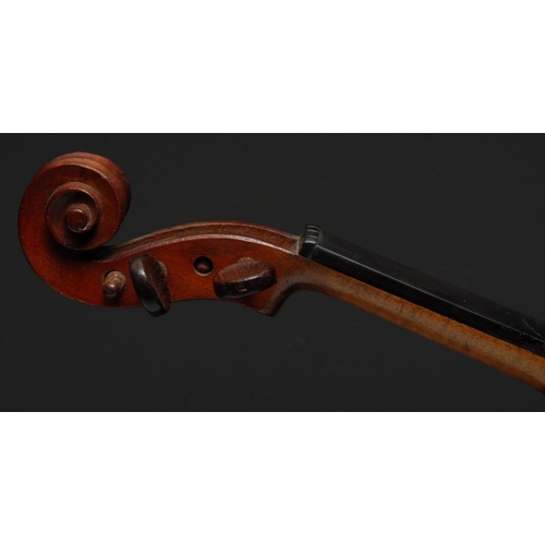 207 - A violin, the two-piece back 33cm excluding button, paper label printed Medio Fino, rosewood tuning ... 