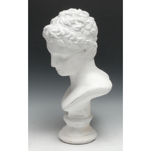 490 - After the antique, a plaster library bust, head of Apollo, waisted socle, 40cm high