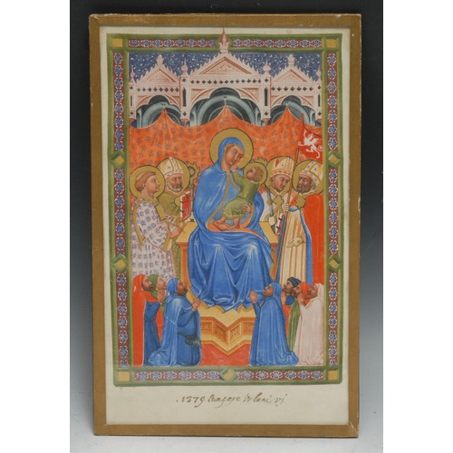 492 - After the Medieval School, an illuminated manuscript leaf, Madonna and Child enthroned, picked out i... 