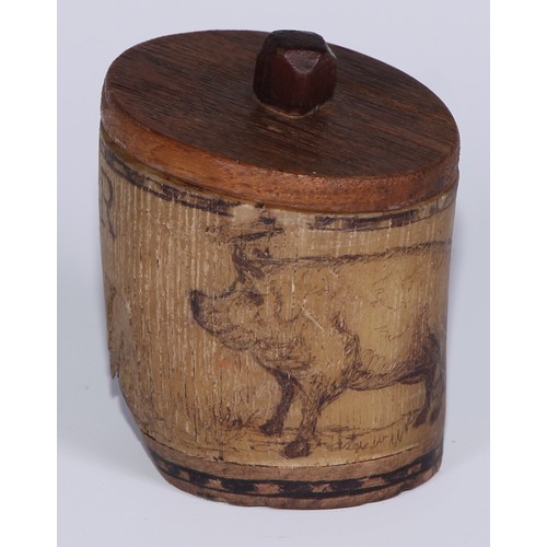 106 - A 19th century horn snuff box or mull, sgraffito scrimshaw decorated with a pig and inscribed Old Bo... 