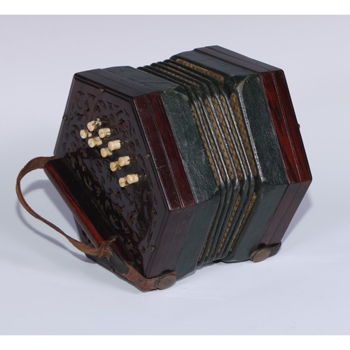 38 - A 19th century concertina, by Jones & Son, London, fretwork pierced hexagonal ends, green leather be... 