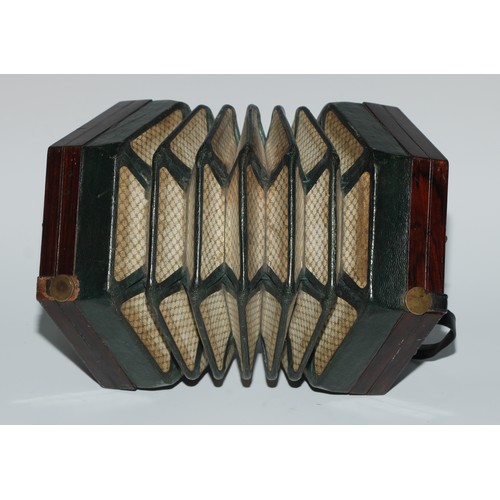 38 - A 19th century concertina, by Jones & Son, London, fretwork pierced hexagonal ends, green leather be... 