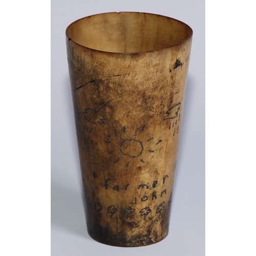 265 - A 19th century tapered cylindrical cattle horn beaker, sgrafitto scrimshaw engraved with sun, rainn,... 