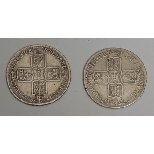 850 - Coins - a Queen Anne half crown, 1707; a George II Lima half crown, 1745 (2)