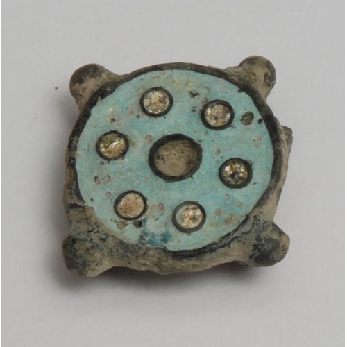 839 - Antiquities - a Roman stud plate brooch, decorated in enamel, pierced fitting for fastening, 3cm dia... 