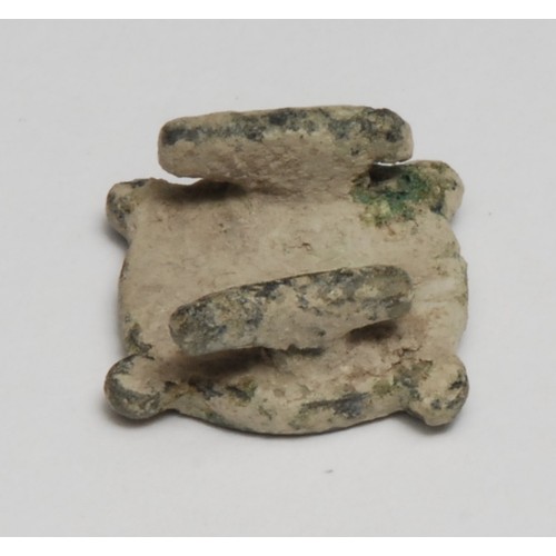 839 - Antiquities - a Roman stud plate brooch, decorated in enamel, pierced fitting for fastening, 3cm dia... 