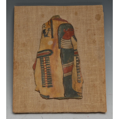 843 - Antiquities - an Ancient Egyptian cartonnage sarcophagus fragment, 12cm x 7cm, late New Kingdom cult... 