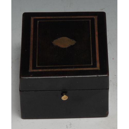 46 - A 19th century French ebonised rectangular pocket watch box, hinged cover inlaid with a brass cartou... 