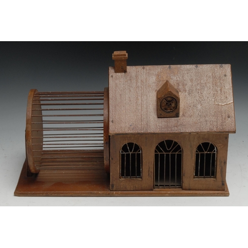 325 - A French softwood architectural rodent cage, as a house with wheel beside, sliding tray to base, 36.... 