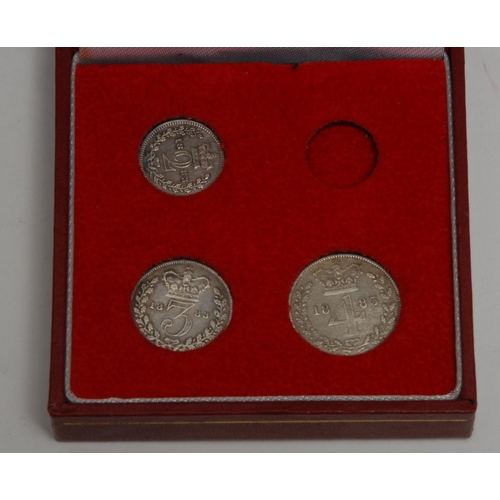 862 - Coins - Maundy Money - a composed Victorian set, 1883, lacking penny, later box