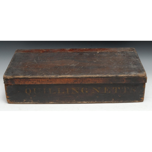 168 - A 19th century pine quilling workbox, inscribed in gilt 'Quilling Netts', 61cm wide