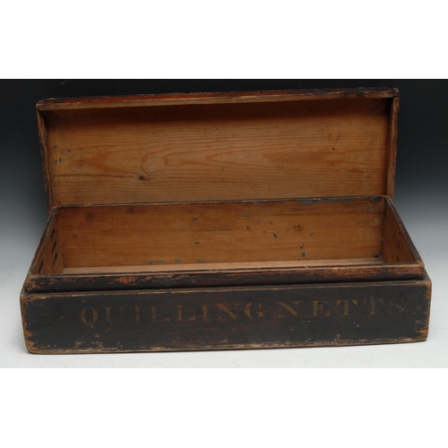 168 - A 19th century pine quilling workbox, inscribed in gilt 'Quilling Netts', 61cm wide