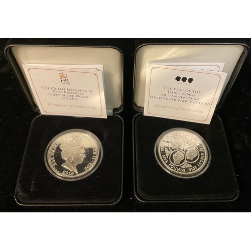 282 - Coins - a Jubilee Mint, Queen Elizabeth II 90th Birthday solid silver proof £5 coin, cased with cert... 