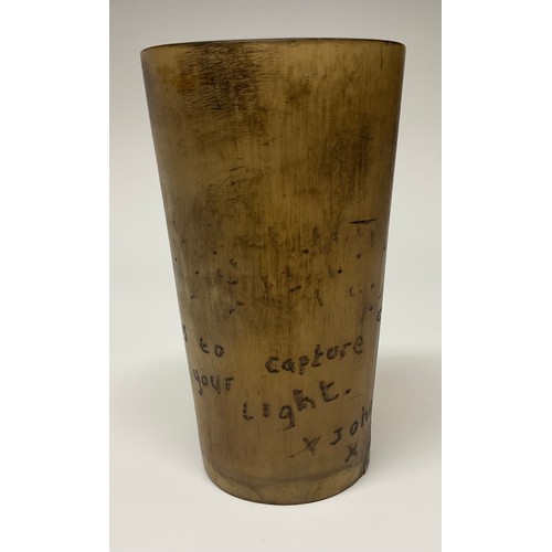 59A - A 19th century horn beaker, sgraffito scrimshaw engraved as a love token with lunar crescents and in... 