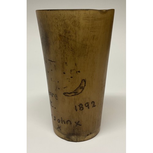 59A - A 19th century horn beaker, sgraffito scrimshaw engraved as a love token with lunar crescents and in... 