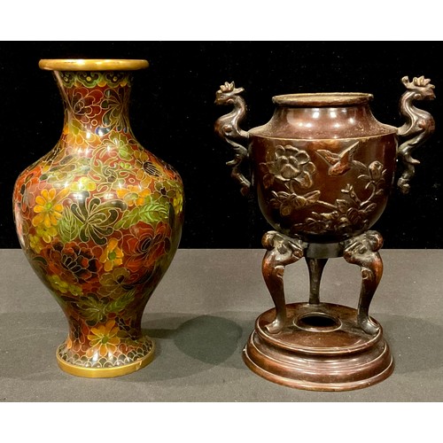 81 - A Chinese cloisonne baluster vase, 21cm high; a Japanese bronze koro, 18cm high (2)