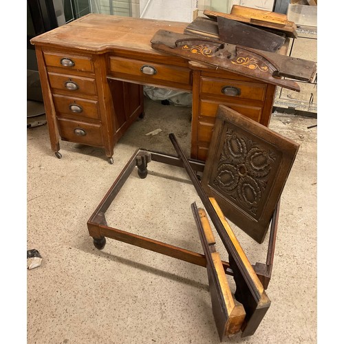 317 - An early 20th century mahogany pedestal desk (in need of restoration);  etc