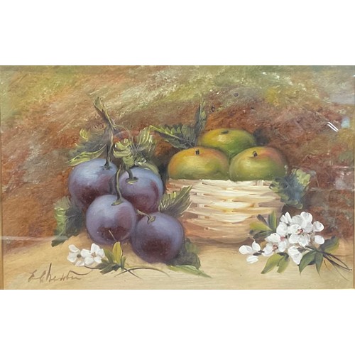 355 - Evelyn Chester A Pair, Still Life, Apples and Plums,  signed, oil on board, 17cm x 27cm