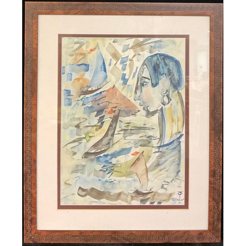 385 - Thomas O'Donnell (Irish School)  
Modernist Portrait  
signed, watercolour, 38.5cm x 29cm