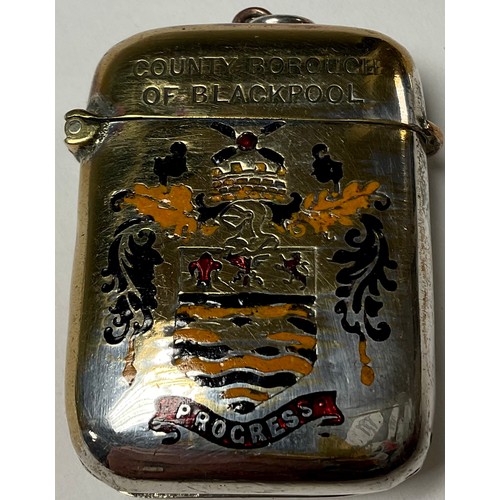 394 - A Novelty armorial enamel vesta, County Borough of Blackpool, Official Memento Visit of the Channel ... 