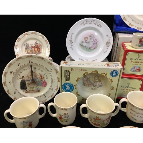 423 - A Royal Doulton Bunnykins nursery ware baby's bowl, others similar; mugs, cups and saucers, plates, ... 