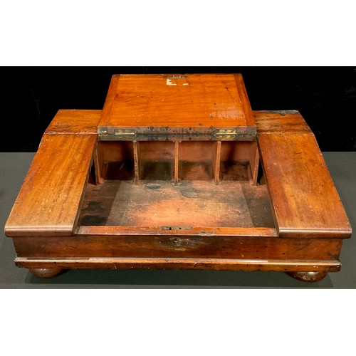 430 - A 19th century mahogany table top writing slope, the hinged cover enclosing six pigeon holes, four b... 