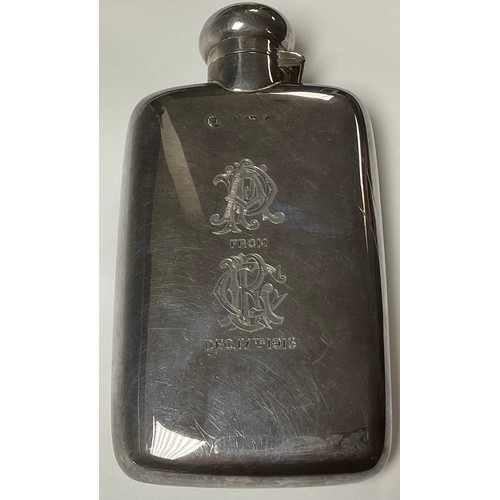 440 - An Edwardian silver hip flask, Birmingham 1903, later engraved, 13.5cm 126g