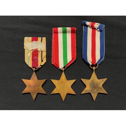 3020 - WW2 British Africa Star, France & Germany Star, Italy Star. All complete with ribbons.