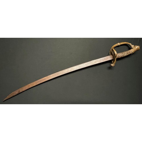 3074 - Sword, 72cm single edged blade, brass guard and pommel, 88cm long overall. No makers markings. No co... 