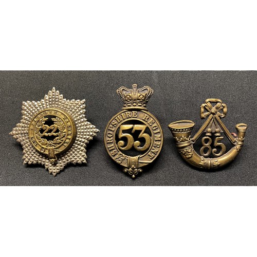 3080 - Three Victorian British Cap badges: Shropshire Regiment 53rd of Foot: Cheshire Regiment 22nd of Foot... 