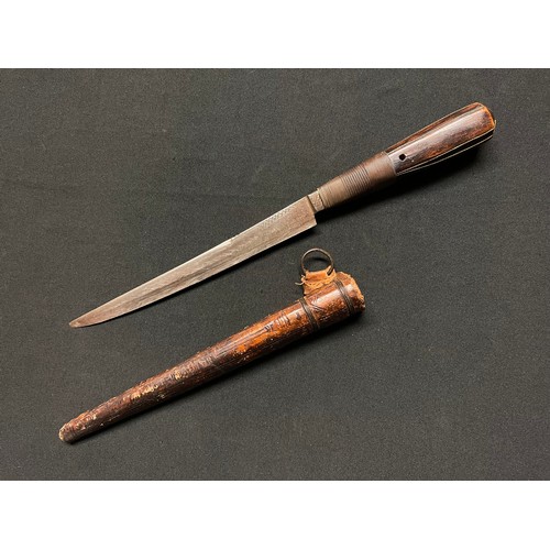 3096 - A Middle Eastern/African dagger, 18.5cm blade with armourer's mark, wire-bound wooden grip, leather ... 