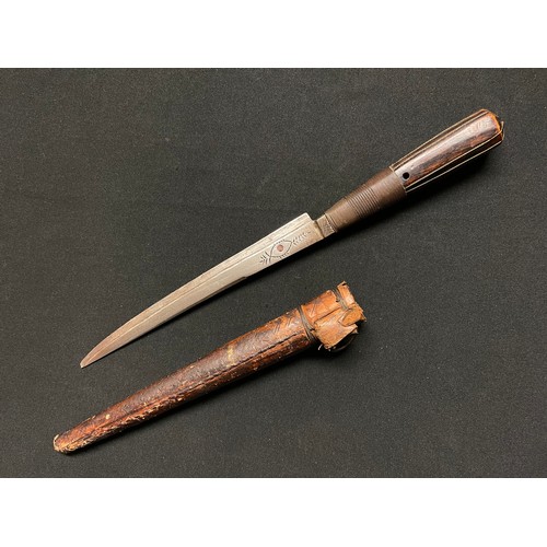 3096 - A Middle Eastern/African dagger, 18.5cm blade with armourer's mark, wire-bound wooden grip, leather ... 