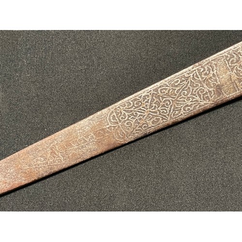 3099 - Indo Persian Dagger with double edged blade 575mm in length with etched decoration to both sides. Ca... 