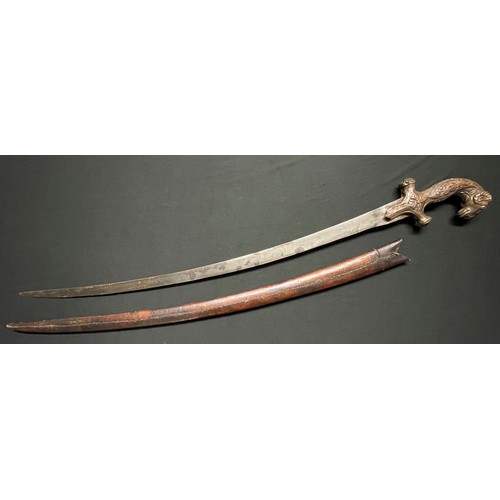 3100 - Persian Shamshir Sword with curved 760mm long plain blade. No makers marks. Cast metal hilt with Ram... 