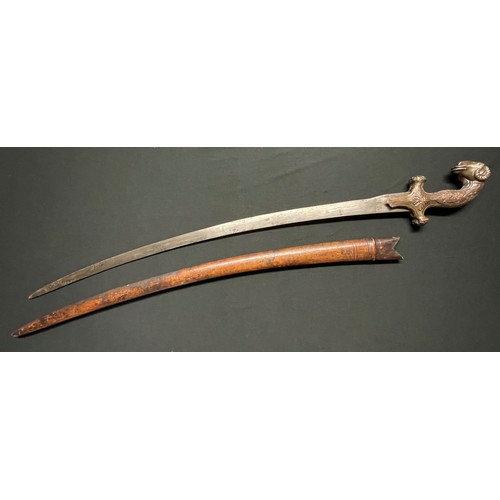 3100 - Persian Shamshir Sword with curved 760mm long plain blade. No makers marks. Cast metal hilt with Ram... 