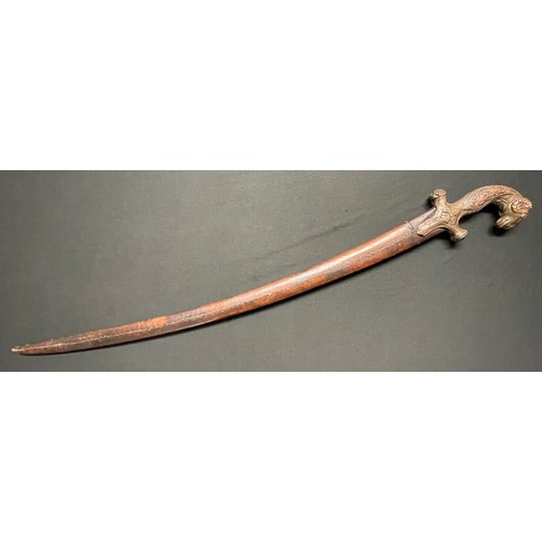 3100 - Persian Shamshir Sword with curved 760mm long plain blade. No makers marks. Cast metal hilt with Ram... 