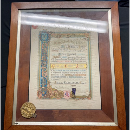 3102 - Boer War interest:  Large framed scroll from the Borough of Kings Lyn to Charles Ernest Ayre giving ... 