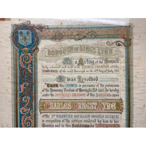 3102 - Boer War interest:  Large framed scroll from the Borough of Kings Lyn to Charles Ernest Ayre giving ... 