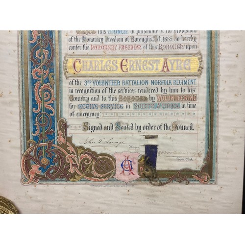 3102 - Boer War interest:  Large framed scroll from the Borough of Kings Lyn to Charles Ernest Ayre giving ... 