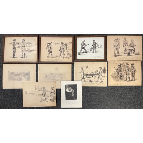 3115 - WW1 British collection of pencil and pen and ink sketches on card. Good sizes, most approx. 32cm x 2... 