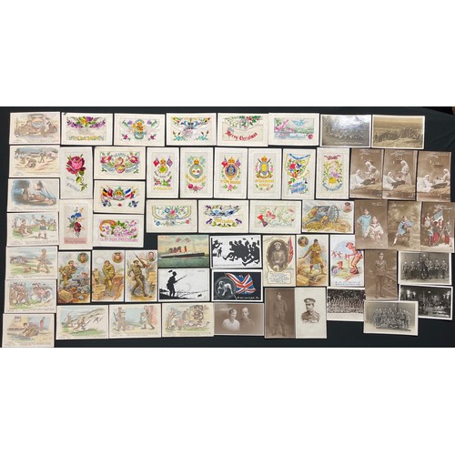 3122 - WW1 British Postcard collection of over 50 cards including 18 silk postcards: a set of 10 