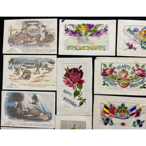 3122 - WW1 British Postcard collection of over 50 cards including 18 silk postcards: a set of 10 