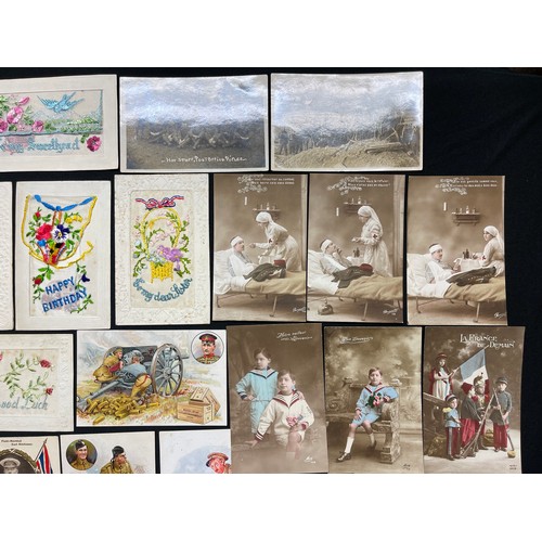 3122 - WW1 British Postcard collection of over 50 cards including 18 silk postcards: a set of 10 