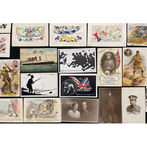 3122 - WW1 British Postcard collection of over 50 cards including 18 silk postcards: a set of 10 