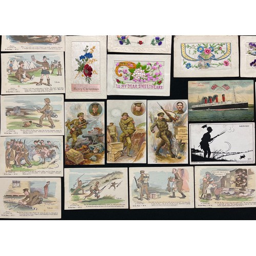 3122 - WW1 British Postcard collection of over 50 cards including 18 silk postcards: a set of 10 