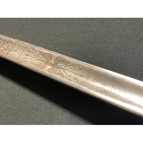 3123 - WW1 British GRV Royal Engineers sword with single edged fullered, proof marked blade with etched dec... 