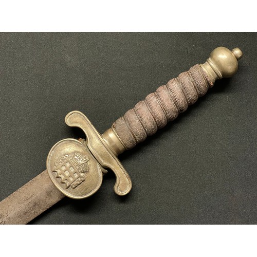 3128 - British Short Sword with double edged blade 510mm in length. No makers mark. Clamshell Guard with Ki... 