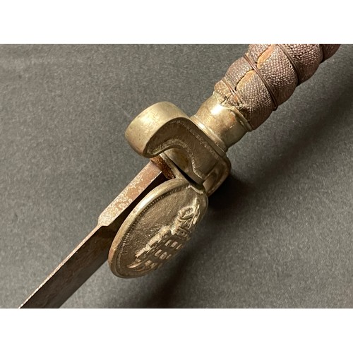 3128 - British Short Sword with double edged blade 510mm in length. No makers mark. Clamshell Guard with Ki... 