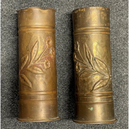 3129 - WW1 FN Trench Art Arillery Shell Cases heavily embosed with a floral design. Both examples are dated... 